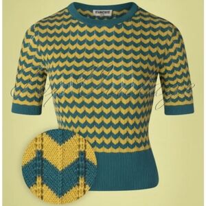 Circus 60s Olly Top in Teal and Oil Yellow Chevron Knit Sweater Top Sz UK 6